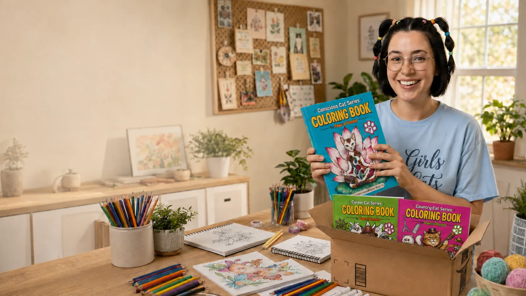 A smiling customer unboxing all three Paws & Ponder coloring books